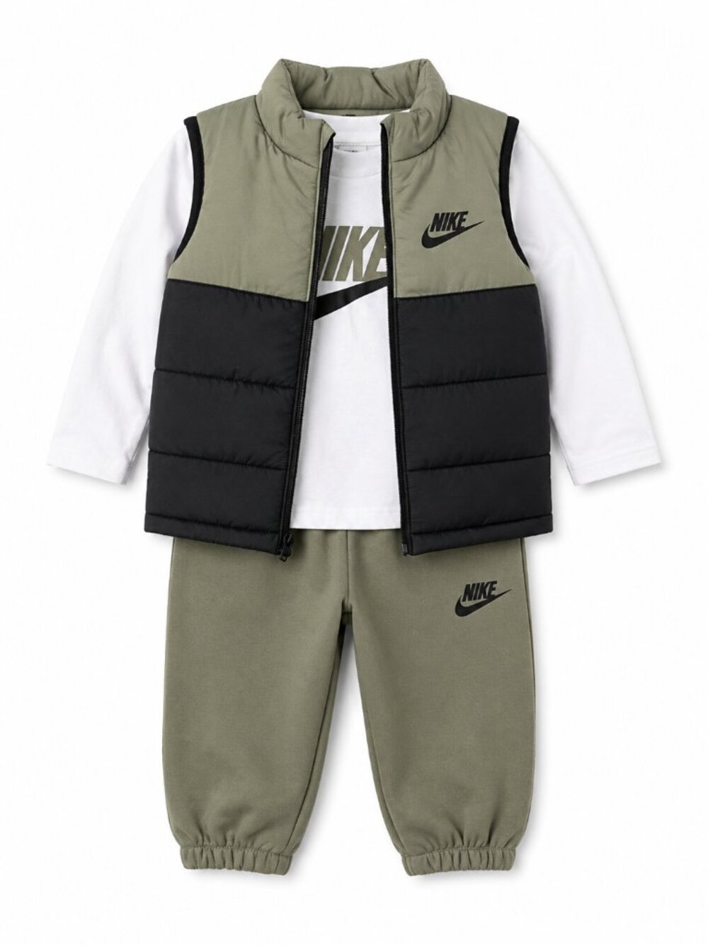 NWT Nike Baby Boy Jogger Set with Puffer Vest Size 12 Months Green Gray 3 Piece - Picture 2 of 3